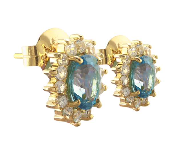 18KT YELLOW GOLD EARRING PAIR SET WITH 02 BLUE TOPAZES and 28 WHITE SAPPHIRES 
